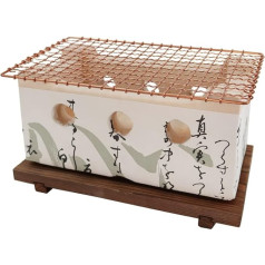 TIKUSAN Table Top Charcoal Grill, Shichirin with Wire Mesh Grill and Wooden Base Made in Japan Original Japanese Design White Medium Size