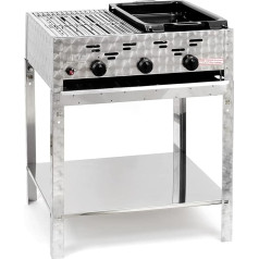 Gas Grill Combination Roasting Dish 11 kW 3-Bulb Stainless Steel Burner Stand Model with Small Cooking Grate and Small Enamelled Steel Pan Professional Grill