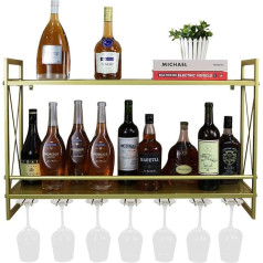 Cnningyi Industrial Wall Mounted Wine Racks, Gold Shelves with Glass Holder, 31.5 Inch Rustic Metal Multipurpose Shelves, 2-Tiers Hanging Wine Holder, Wine Accessories, Bottle Holder, Glass Rack, Wall Shelf