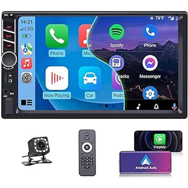 Podofo Car Radio 2 DIN ar Apple Carplay Android Car Bluetooth, 7 collu automašīnas radio stereo ar ekrānu ar spoguļa saiti/FM radio/stūres vadību + atpakaļgaitas kameru