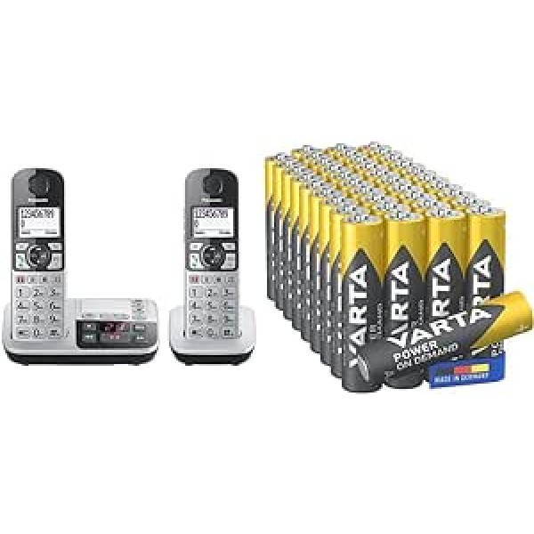 Panasonic KX-TGE522GS DECT vecākais tālrunis ar ārkārtas zvanu (lielas pogas tālrunis ar automātisko atbildētāju) Sudraba-melns un Varta Power on Demand AAA mikroakumulatori (piemēroti datoru piederumiem)