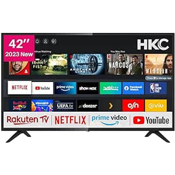 HKC NHV42H3 42 collu viedtelevizors ar Netflix, Prime Video, Rakuten TV, DAZN, Disney+, YouTube, UVM, WiFi, trīskāršu uztvērēju DVB-T2/S2/C, Dolby Audio