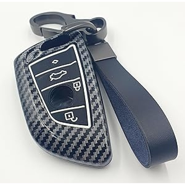 BizTech ® automašīnas atslēgu futrālis, kas ir savietojams ar BMW Carbon Fiber Effect Smart Key Fob automašīnas tālvadības korpusu + atslēgu piekariņu un karabīnes klipsi (melns, D stils)