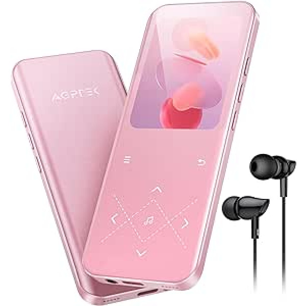 AGPTEK MP3 atskaņotājs Bluetooth 5.3, 32 GB HiFi skaņas mūzikas atskaņotājs ar 2,4 collu TFT krāsu ekrānu, austiņas, skaļruņi, skārienpogas, FM radio, e-grāmata, ierakstīšana, atbalsta TF-128 GB, rozā