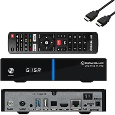 GigaBlue UHD Trio 4K PRO – 1xDVB-S2X MS + 1xDVB-C/T2 kombinuotas imtuvas, skirtas palydoviniam ryšiui, kabelis/T2 signalas, E2 Linux TV Smart TV dėžutė, medijos atkūrimas, PVR funkcija, 1200 Mbps WiFi, HTS e-com HDMI kabelis