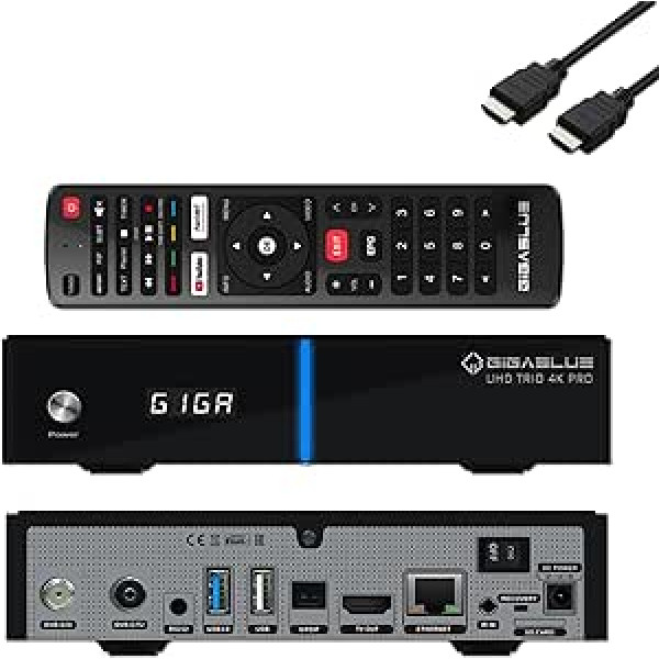 GigaBlue UHD Trio 4K PRO — 1xDVB-S2X MS + 1xDVB-C/T2 kombinētais uztvērējs satelītam, kabeļa/T2 signāls, E2 Linux TV viedtelevizora kaste, multivides atskaņošana, PVR funkcija, 1200 Mbps WiFi, HTS e-com HDMI kabelis