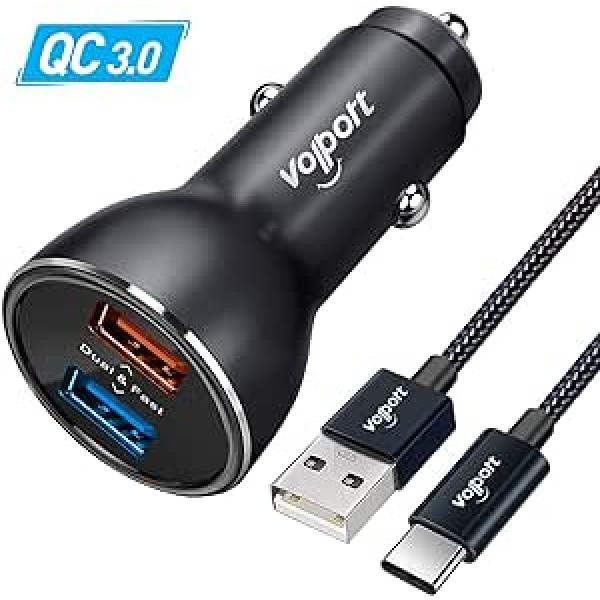 Volport automašīnas lādētājs, 39W 6A QC3.0 automašīnas adapteris USB automašīnas lādētājs cigarešu šķiltavas ar 2 USB pieslēgvietām un 1M C tipa kabeli Samsung Galaxy S10+ Note 10+ S9 A70 iPhone 14/14 Plus/14 Pro Max