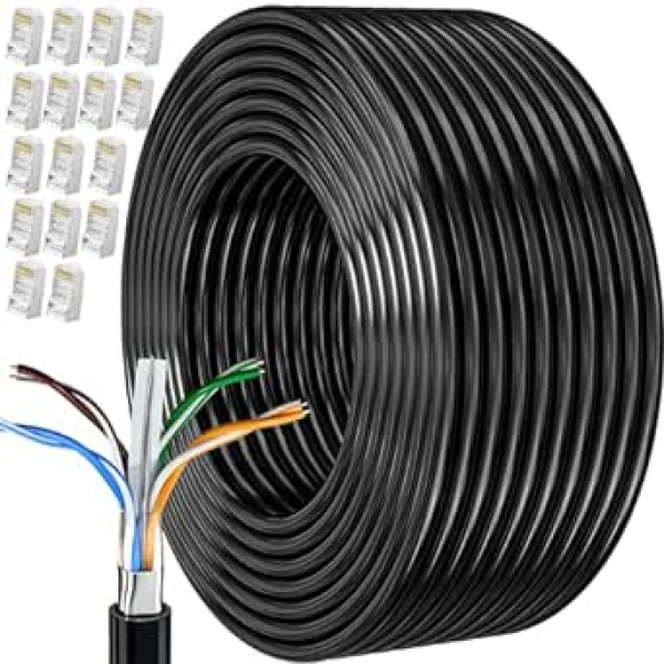 MEIPEK Cat 6 tīkla kabelis 80 m āra LAN kabelis uzstādīšanas kabelis 80 m melns WiFi kabelis Ekranēts garš Ethernet kabelis uzstādīšanas kabelis Patch Cable CCA FTP 23AWG RJ45 Gigabit interneta kabelis