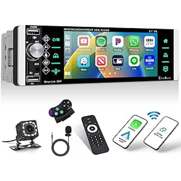 Automašīnas radio 1 DIN ar bezvadu Apple CarPlay Android automobili, 5,1 collas ekrāns, MP5 multivides atskaņotājs ar spoguļa savienojumu Bluetooth FM radio SWC AUX-in EQ USB + atpakaļgaitas kamera un tālvadības pults un mikrofons