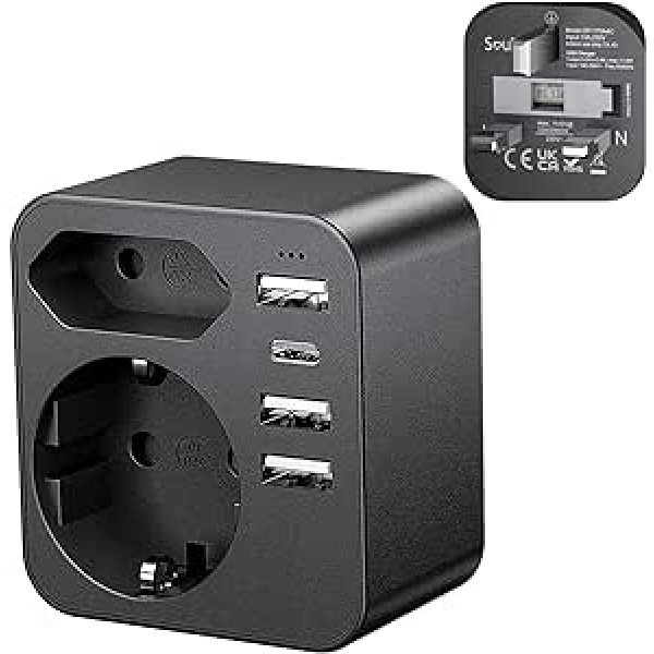 SoulBay ceļojumu adapteris Apvienotajā Karalistē Adapteris Anglijai Vācijai Spraudnis ar 3 USB 1 USB-C (3.4A), 6-in-1 Socket Socket Adapter Barošanas adapteris Travel Plug Īrijai Apvienotajā Karalistē — Anglijas adapteris (G tips)