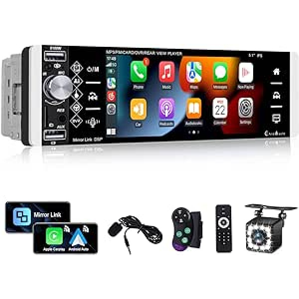 Bezvadu Carplay CAMECHO automašīnas radio 1 DIN ar Bluetooth brīvroku komplektu ar 5,1 collu ekrānu, bezvadu Android automašīnas spoguļa saiti FM/AM/RDS un USB + stūres kontrollera atpakaļgaitas kameru