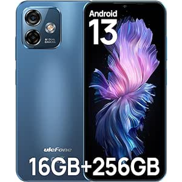 Ulefone Note 16 Pro viedtālrunis bez līguma, 16 GB + 256 GB Android 13 50 MP + 8 MP kamera Octa Core 6,52 collu HD+ 4400 mAh, 4G divu SIM karti bez Simlock mobilā tālruņa pirkstu nospiedumu sejas ID GPS OTG — zils