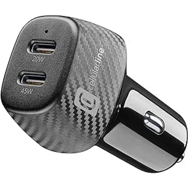 Cellularline — Car Power Hyper — Automašīnas lādētājs ar 2 pieslēgvietām — kopējā jauda 65 W barošanas padeve — iPhone, Samsung, Xiaomi, Oppo un citi viedtālruņi un planšetdatori — melns