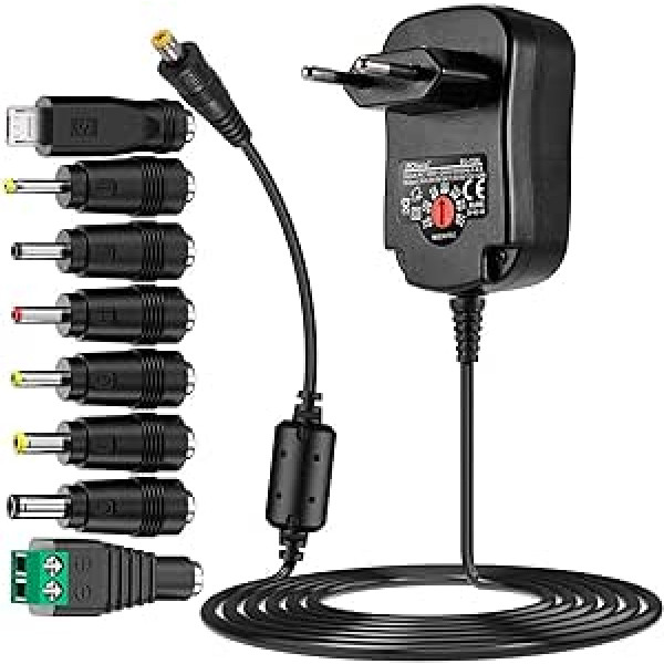 PChero 15 W universālais vads ar 150 cm kabeli un 8 abnehmbar DC Stecker für 3V-12V Haus Elektronik un USB-Geräte, 1500mA maks.