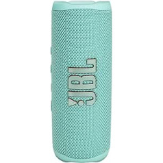 JBL Flip 6 Bluetooth kastīte Teal krāsā: ūdensizturīgs, pārnēsājams skaļrunis ar divvirzienu skaļruņu sistēmu jaudīgai skaņai, līdz 12 stundām bezvadu mūzikas atskaņošanai.