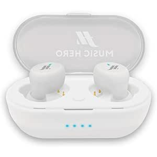 Music Hero TWS True bezvadu stereo austiņu caurule ar 300 mAh uzlādes doku, daudzfunkcionālām pogām, iebūvētu mikrofonu, 4 silikona austiņām, baltā krāsā