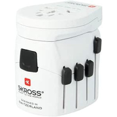 SKROSS PRO World 1.302530 pasaules ceļojumu adapteris visām 2/3 kontaktu ierīcēm un USB, baltā krāsā