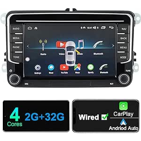 Android automašīnas radio ar navigācijas ekrānu priekš VW Golf 5 6 Skoda Polo Seat Passat, 7 collu Android Car Carplay dubultā DIN radio skārienjutīgs displejs Bluetooth RDS GPS oriģinālais atpakaļgaitas kameras dekodētājs