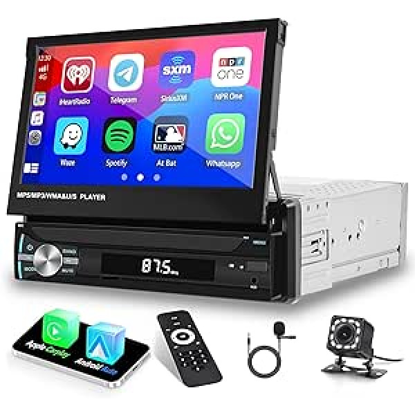 Hikity Car Radio pagarināms ekrāns bezvadu Carplay Android Anto ar navigācijas sistēmu, 7 collu ievelkams skārienekrāna automašīnas radio 1 DIN ar Bluetooth spoguļa savienojumu FM/AM USB/AUX SWC + atpakaļgaitas kamera