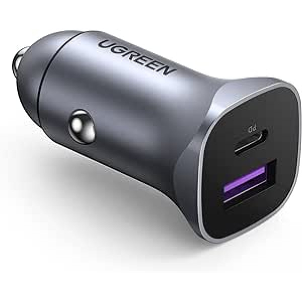 UGREEN 30W Cigarette Lighter USB C USB Adapter Mini Metal Car PD Charger PPS Quick Charge Dual Port Car Charger Supports 20W Compatible with iPhone 13 Pro Max, 13 Pro, 12, iPad Pro, S22, S21