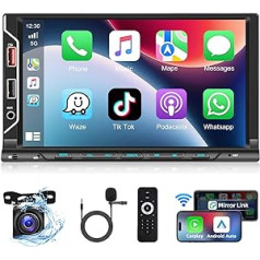 Podofo Double DIN automašīnas radio ar bezvadu Apple CarPlay Android Car, 7 collu skārienekrāna automašīnas radio, 2 DIN ar Bluetooth, EQ, USB, RDS/FM/AUX, SWC + AHD atpakaļgaitas kameru un mikrofonu