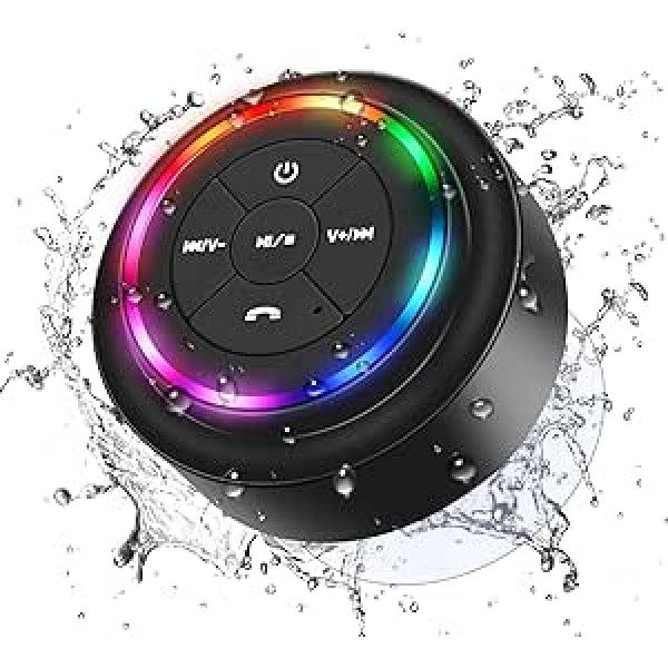 Bluetooth Shower Speaker, IPX7 Portable Bluetooth Speaker with LED Light, Waterproof Shower Speaker with Suction Cup, Microphone, Wireless Speaker for Bathroom, Beach, Swimming Pool