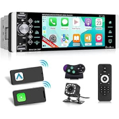 1 DIN Car Radio with Wireless Carplay & Android Car - 5.1 Inch HD Touchscreen Radio with EQ/FM AM RDS Radio/AUX Input/TF/SWC + Reversing Camera & Mic