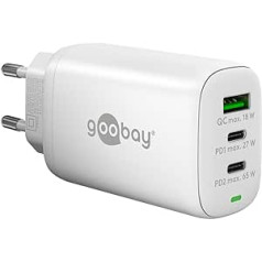 Goobay 65408 USB C lādētāja barošanas avots 65 W barošanas piegāde PD ātrais lādētājs / iPhone/Android/USB-C un USB-A 3 portu miniadapteris ligzdai/balts