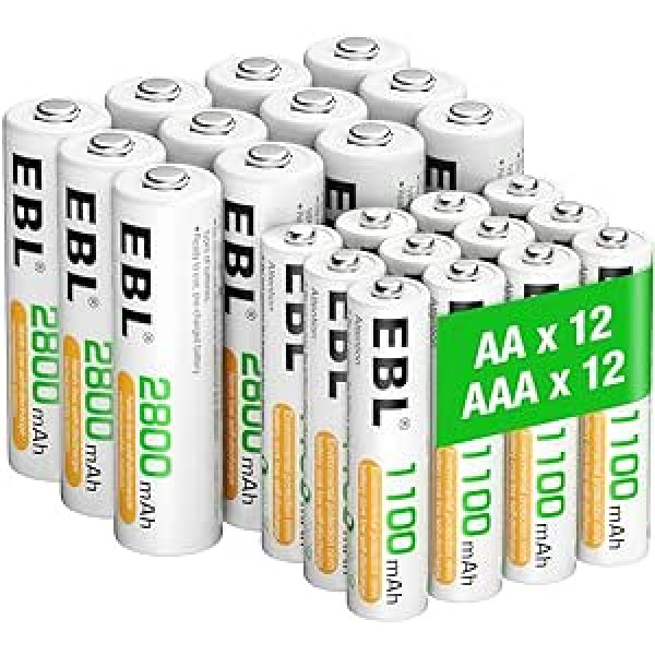 EBL AA AAA akumulatoru komplekts pa 24 — AA akumulators 2800 mAh 12 gab. ar AAA akumulatoru 1100 mAh 12 gabali 1,2 V NI-MH uzlādējami akumulatori