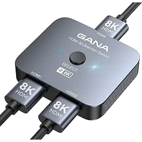 HDMI sadalītājs 8K @ 60 Hz 4K @ 120 Hz, GANA HDMI 2.1 slēdzis, alumīnija divvirzienu HDMI pārslēdzējs 2 vienā izvadē vai 1 in 2 izvadē HDMI sadalītājs, HDMI slēdzis atbalsta 8K 4K priekš PS5 HDTV Xbox