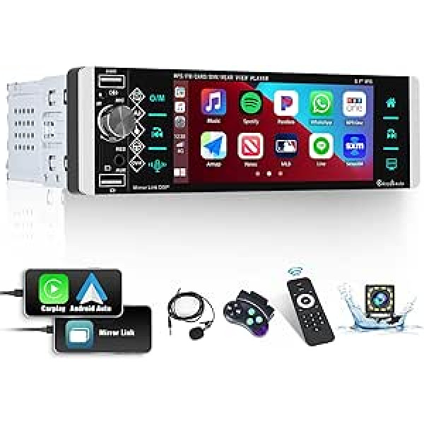 CAMECHO viena DIN automašīnas radio ar Carplay un Android automašīnu, 5,1 collas Bluetooth brīvroku komplekts IPS skārienekrāna MP5 uztvērēja spoguļa saite/balss palīgs/GPS/FM/EQ/SWC/USB/AUX-in + atpakaļgaitas kamera + mikrofons