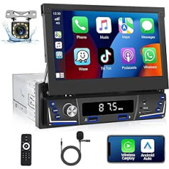 Podofo Car Radio 1 DIN ar bezvadu Apple Carplay un Android Car, ar izvelkamu izvelkamo ekrānu, 7 collu automašīnas stereo radio MP5 automašīnai ar AM FM Bluetooth 5.1 + atpakaļgaitas kameru un mikrofonu