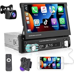 Podofo Car Radio 1 DIN ar Apple Carplay Android Car 7 collu automašīnas stereo radio ar ievelkamu ekrāna displeju un Bluetooth/Android Car/FM radio/SWC/Mirror Link/USB + AHD atpakaļskata kameru