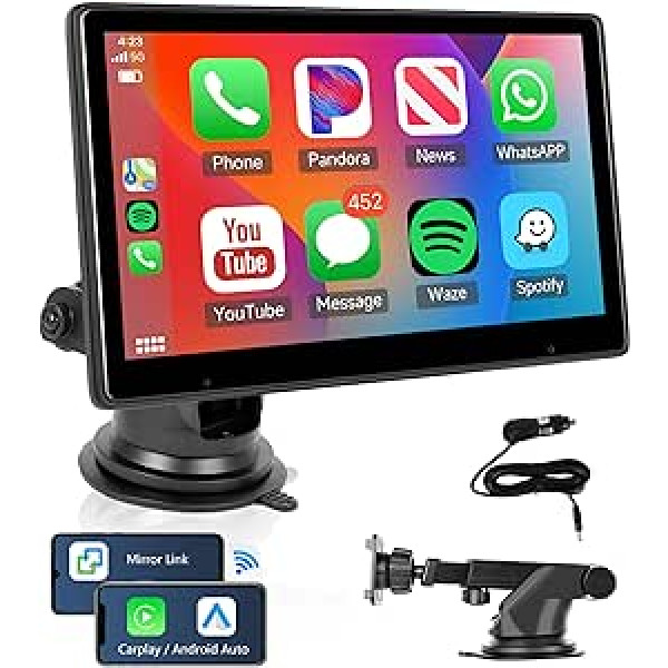 Bezvadu Apple Carplay un Android automašīnu portatīvās automašīnas radio atbalsts pakalpojumam YouTube, 10,1 collas IPS skārienekrāna pārnēsājams automašīnas radio ar Airplay/Android Cast/Bluetooth/FM raidītāju/Siri/AUX/USB/TF/EQ