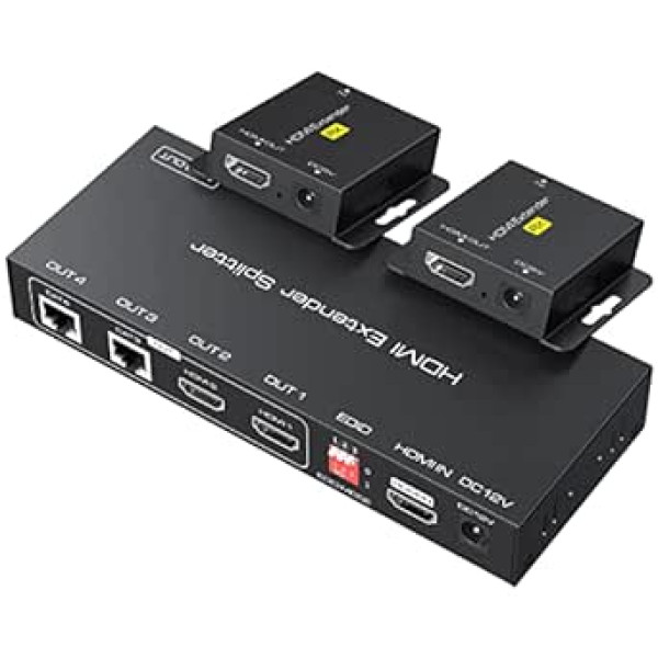 VPFET HDMI paplašinātāja sadalītājs pa Cat5e/6 165 pēdas 1 in 2 ārā 1 x 2 portu pārraide pievienot divu cilpu HDMI izejas līdzsvaru Ethernet atbalsta 1080p HDCP EDID POC vienu barošanas avotu darbam ar