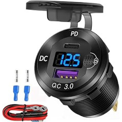 12 V USB C aliuminio automobilinis įkrovimo lizdas, 12 voltų USB lizdas, PD 20 W ir greitas įkrovimas 3,0 18 W automobilio USB prievadas, atsparus vandeniui su voltmetru ir maitinimo jungikliu, tinka jūriniam sunkvežimiui, motociklui, kateriui, golfu