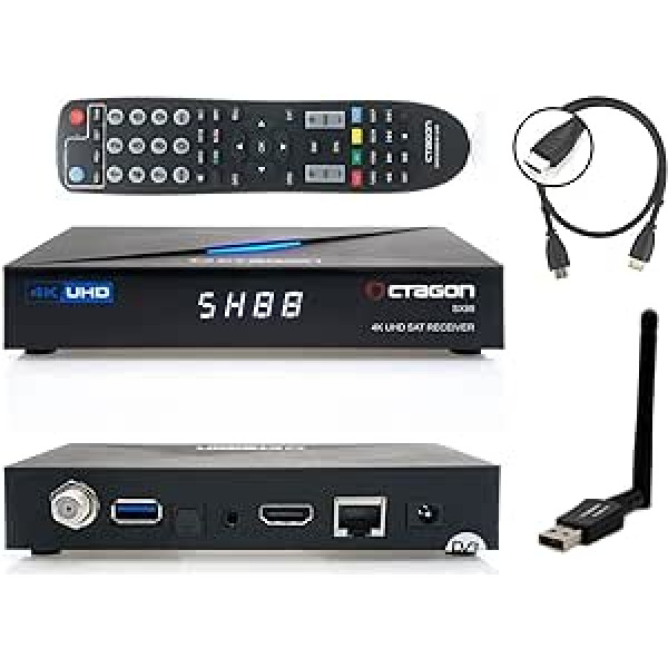 Octagon SX88 4K Linux Satellite Receiver + 600 Mbit WiFi Stick + HM-SAT HDMI Cable - with PVR Recording Function, Smart TV Streaming Box, Sat to IP, Unicable, Media Library, YouTube, Internet Radio,