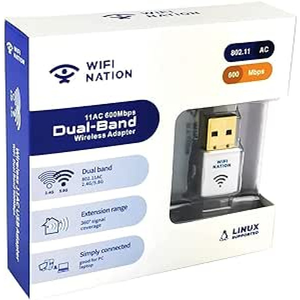 WiFi Nation Wireless Dongle Mini 802.11ac AC600 USB Wi-Fi adapterio mikroschemų rinkinys Realtek RTL8811AU Dviejų juostų 2,4 GHz arba 5 GHz Palaiko Windows, MacOS ir Linux (baltas)