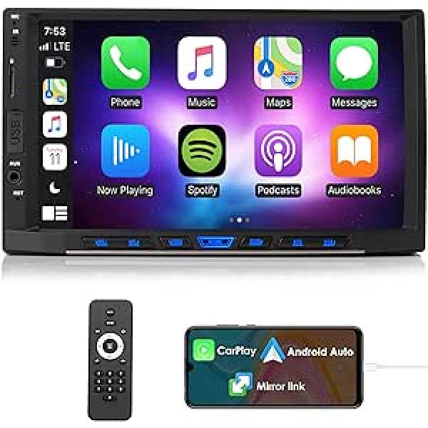 iFreGo Car Radio ar Car Play un Android Car, Radio ar Bluetooth 7 collu skārienekrānu, FM radio Automašīnas radio stūres vadības atbalsts Spoguļa savienojuma USB/Aux In, atpakaļgaitas kamera, 7 krāsu apgaismojums