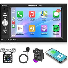 Automašīnas radio 2 DIN ar Apple Carplay Android automašīnas Bluetooth brīvroku komplektu 6,2 collu skārienekrāna automašīnas radio ar spoguļa savienojumu FM/USB/AUX/EQ/TF stūres vadība + atpakaļgaitas kameras mikrofona tālvadības pults