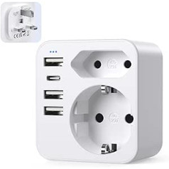 Adapter England Germany Plug with 3 USB 1 USB C (3.4 A), with 2 Sockets, Travel Plug Socket Adapter Power Adapter for UK Ireland Great Britain Dubai, England Adapter Socket