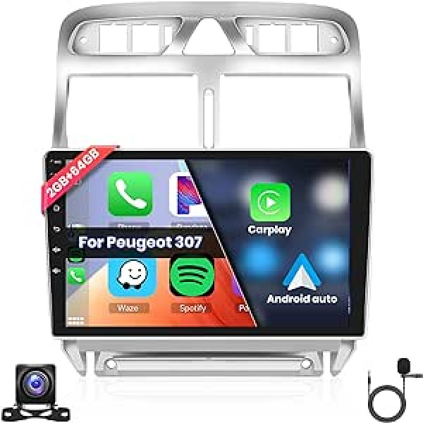 Hodozzy 2G 64G Android Car Radio priekš Peugeot 307 2007-2013 Radio Carplay Android Car 9 collu skārienekrāns ar navigāciju WiFi Bluetooth HiFi FM RDS Radio 2 DIN ekrāns priekš Peugeot 307, USB atpakaļgaita