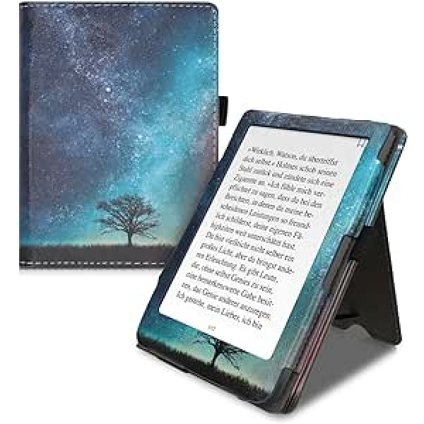 kwmobile Flip Cover saderīgs ar Kobo Clara HD — futrālis ar rokas siksnu Galaxy Tree Meadow Blue Pelēks Melns