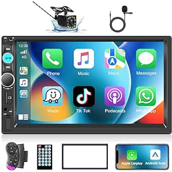 Podofo Car Radio Double DIN ar Apple Carplay Android Car, 7 collu skārienekrāna automašīnas radio 2 DIN stereo ar Bluetooth, atpakaļskata kameru, spoguļa saiti/FM radio/AUX-in/tālvadības pulti + rāmi un