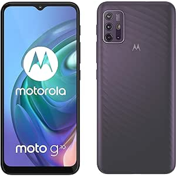 Motorola G10 (6,5 collu Max Vision HD+, Qualcomm Snapdragon, 48 MP četru kameru sistēma, 5000 mAh akumulators, divas SIM kartes, 4/64 GB, Android 11), Aurora Grey