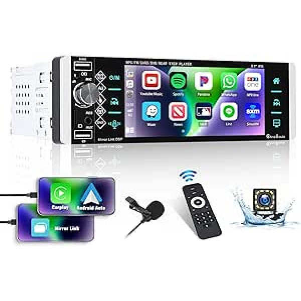 Automašīnas radio 1 DIN ar Apple CarPlay Android Car, 5,1 collas ekrāna MP5 multivides atskaņotājs ar tālruņa spoguļa saiti Bluetooth FM radio SWC AUX EQ USB + atpakaļgaitas kamera un tālvadības pults un mikrofons