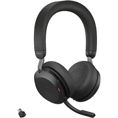 Jabra Evolve2 75 bezvadu datora austiņas ar 8 mikrofonu tehnoloģiju — dubultas putu stereoaustiņas ar uzlabotu aktīvo trokšņu slāpēšanu, USB-C Bluetooth adapteri un MS Teams saderību — melns