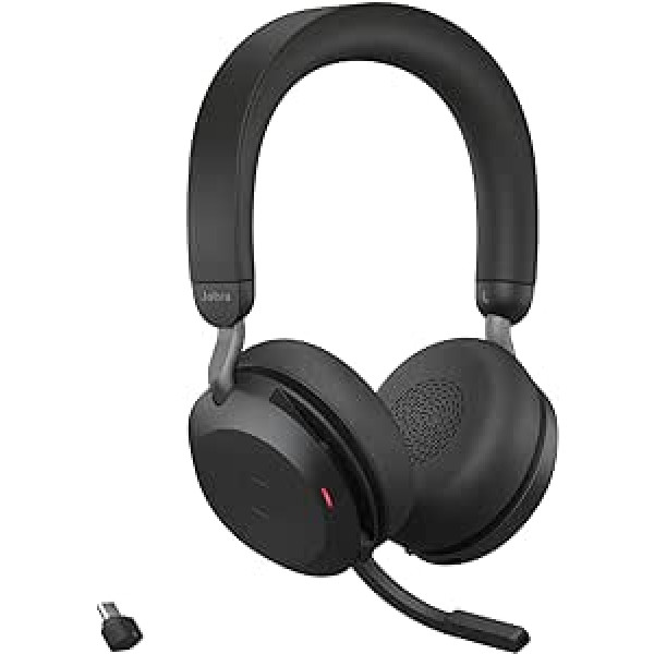 Jabra Evolve2 75 bezvadu datora austiņas ar 8 mikrofonu tehnoloģiju — dubultas putu stereoaustiņas ar uzlabotu aktīvo trokšņu slāpēšanu, USB-C Bluetooth adapteri un MS Teams saderību — melns