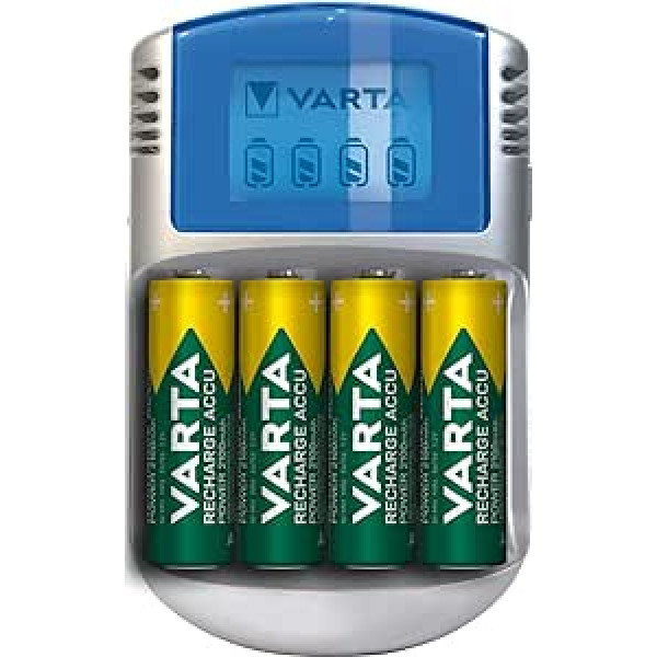 VARTA akumulatoru lādētājs ar 4 x AA 2600 mAh, akumulatora lādētājs atkārtoti uzlādējamam AA/AAA, LCD lādētājs, ar USB kabeli un 12 V adapteri