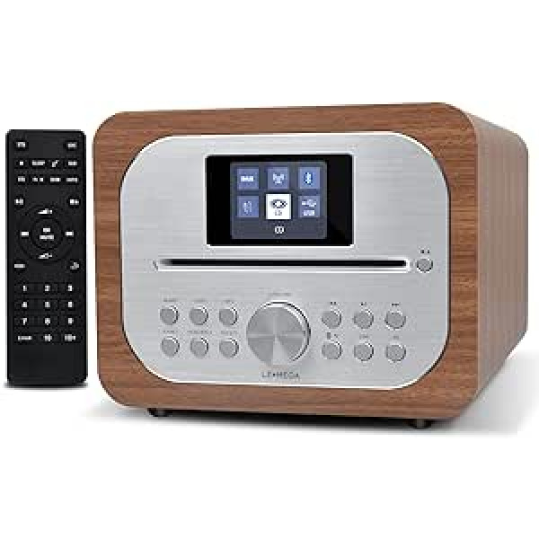 LEMEGA MSY2 viss vienā mūzikas sistēma ar CD atskaņotāju, DAB/DAB+/FM radio, bezvadu Bluetooth, koka kaste, austiņu izeja, USB uzlādes kabelis, USB MP3, pulkstenis un modinātāji, krāsains displejs, tālvadības pults, riekstkoks